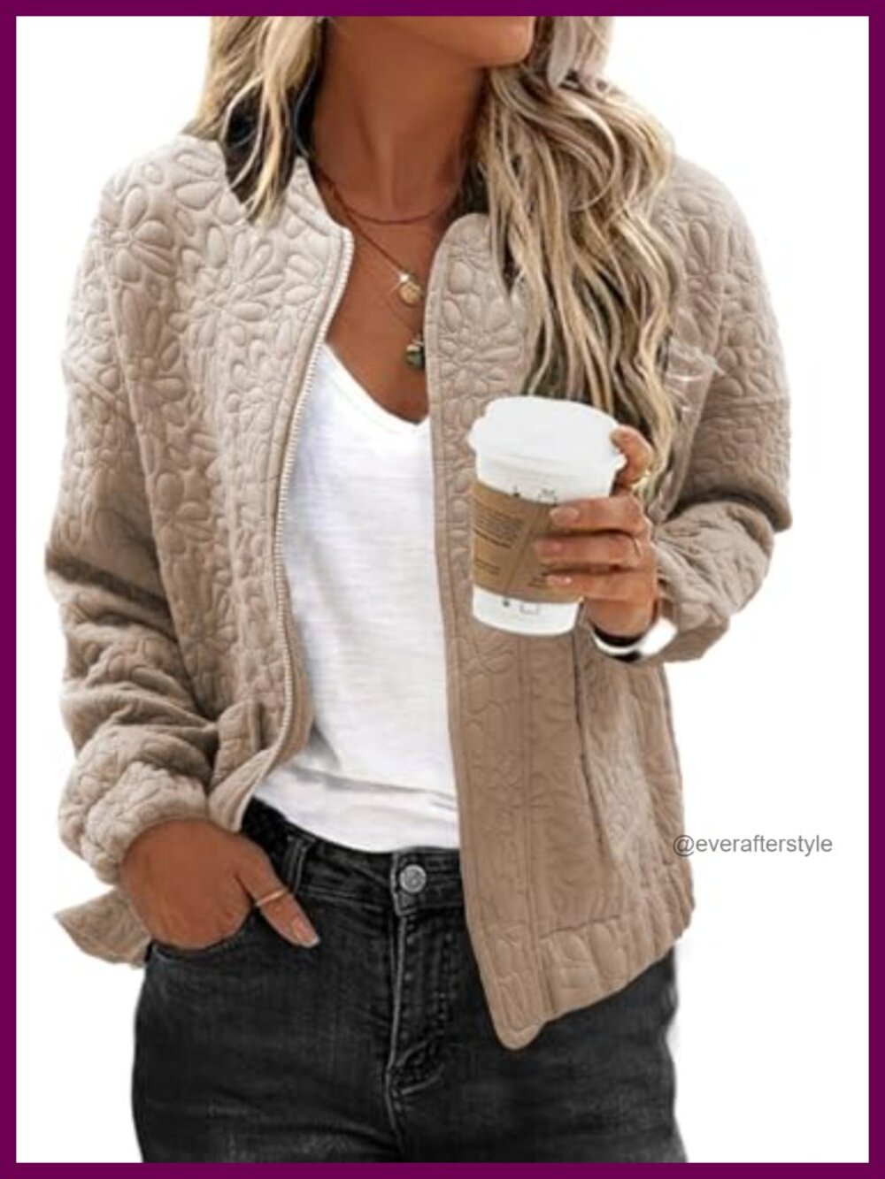 Womens Jacquard Bomber Jacket Zip Up Lightweight Coat with Pockets
